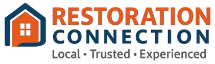 Logo for Restoration Connection featuring an orange house icon and the tagline Local • Trusted • Experienced in dark blue text beneath the company name.