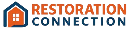 Logo with an orange house icon next to the words Restoration Connection—Restoration is in orange, and Connection is in dark blue.