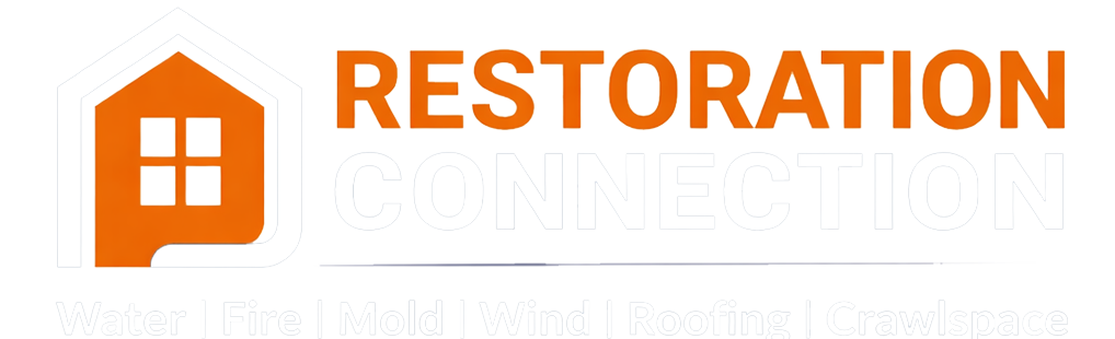 Logo with an orange house icon next to the words Restoration Connection—Restoration is in orange, and Connection is in dark blue.