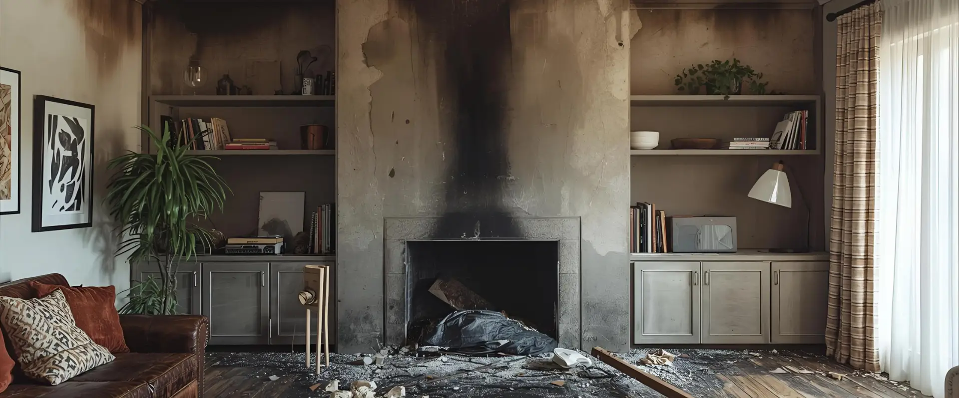 A living room with a fireplace shows significant fire damage; the wall above is badly blackened, debris scatters the floor, and the space appears smoky and charred. Flood Damage Restoration experts may also be needed if water was used to extinguish the flames. A living room with a fireplace shows significant fire damage; the wall above is badly blackened, debris scatters the floor, and the space appears smoky and charred. Flood Damage Restoration experts may also be needed if water was used to extinguish the flames.