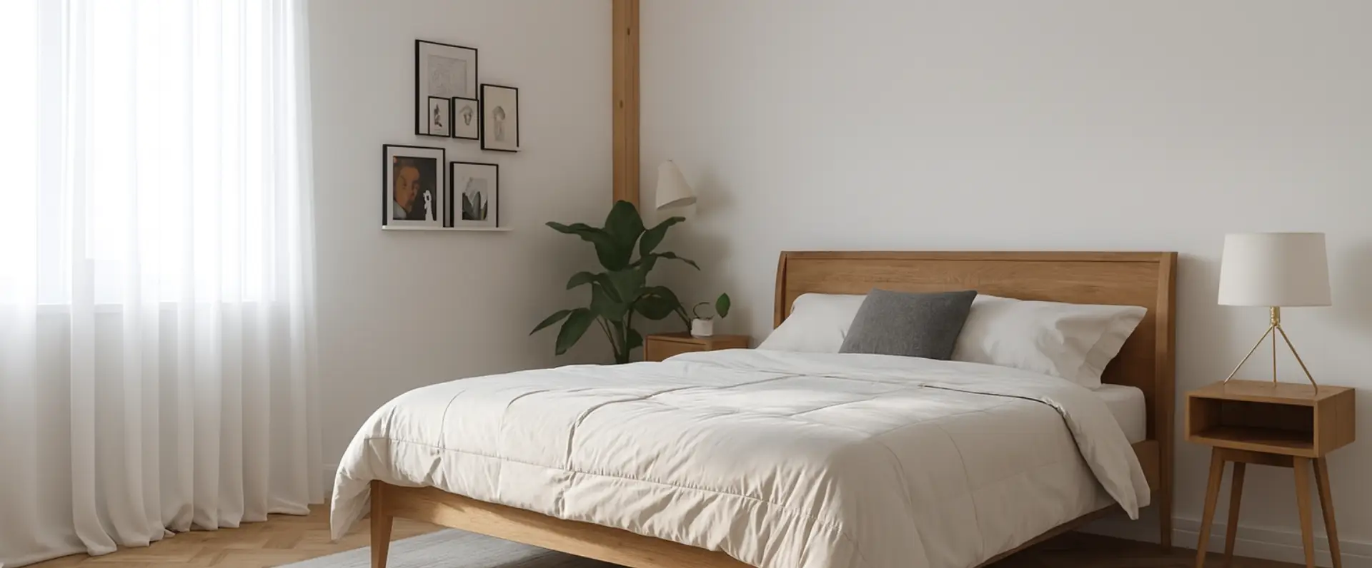 Minimalist bedroom with a wooden bed frame, white bedding, grey accent pillow, and nightstand, recently refreshed after expert flood damage restoration. Sheer curtains let in natural light, highlighting plant life and wall art. Minimalist bedroom with a wooden bed frame, white bedding, grey accent pillow, and nightstand, recently refreshed after expert flood damage restoration. Sheer curtains let in natural light, highlighting plant life and wall art.
