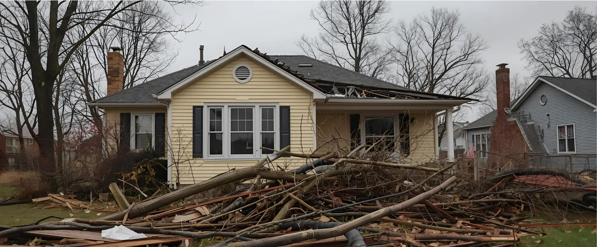 A yellow house with a damaged roof and windows stands behind a large pile of broken branches and debris, likely caused by a storm or tornado. The scene highlights the need for flood damage restoration under overcast skies and bare trees. A yellow house with a damaged roof and windows stands behind a large pile of broken branches and debris, likely caused by a storm or tornado. The scene highlights the need for flood damage restoration under overcast skies and bare trees.