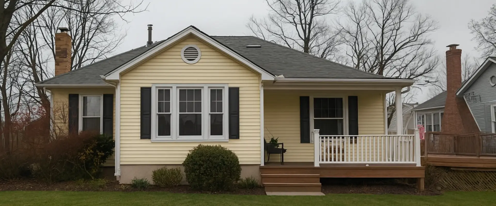 A small yellow house with white trim and black shutters features a front porch with white railing, wooden steps, a neatly maintained lawn, and leafless trees; ideal for flood damage restoration services under an overcast sky. A small yellow house with white trim and black shutters features a front porch with white railing, wooden steps, a neatly maintained lawn, and leafless trees; ideal for flood damage restoration services under an overcast sky.