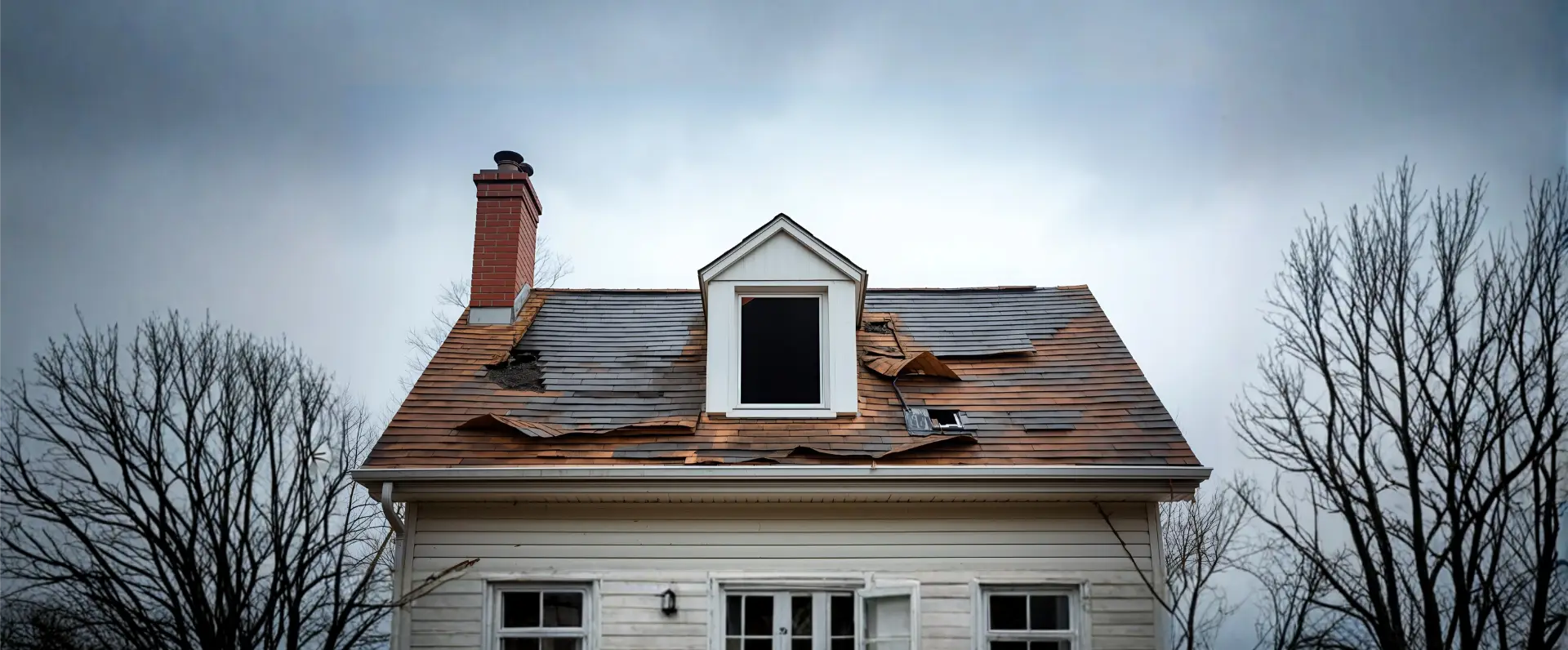 A house with a damaged roof, missing and peeled shingles, beneath a cloudy sky. Bare trees surround the house, which may be in need of flood damage restoration. The building has white siding, a central window, and a brick chimney. A house with a damaged roof, missing and peeled shingles, beneath a cloudy sky. Bare trees surround the house, which may be in need of flood damage restoration. The building has white siding, a central window, and a brick chimney.