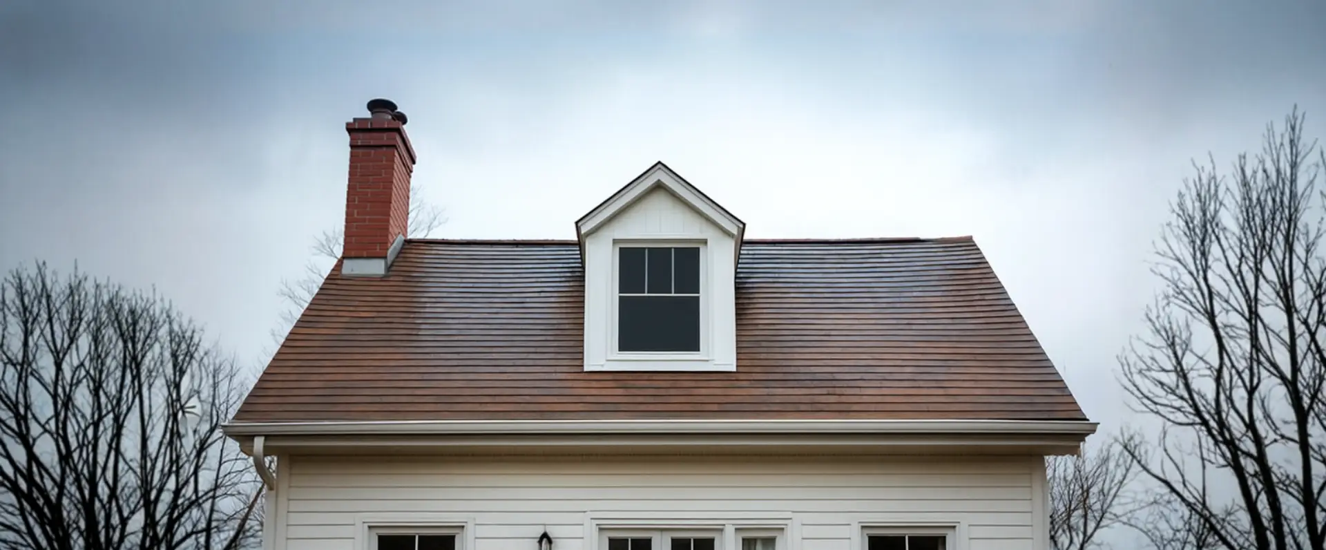 The image shows the upper part of a house with a brown shingle roof, a central dormer window, and a red brick chimneyâideal for highlighting the importance of flood damage restoration to preserve its structure against unpredictable weather. The image shows the upper part of a house with a brown shingle roof, a central dormer window, and a red brick chimneyâideal for highlighting the importance of flood damage restoration to preserve its structure against unpredictable weather.