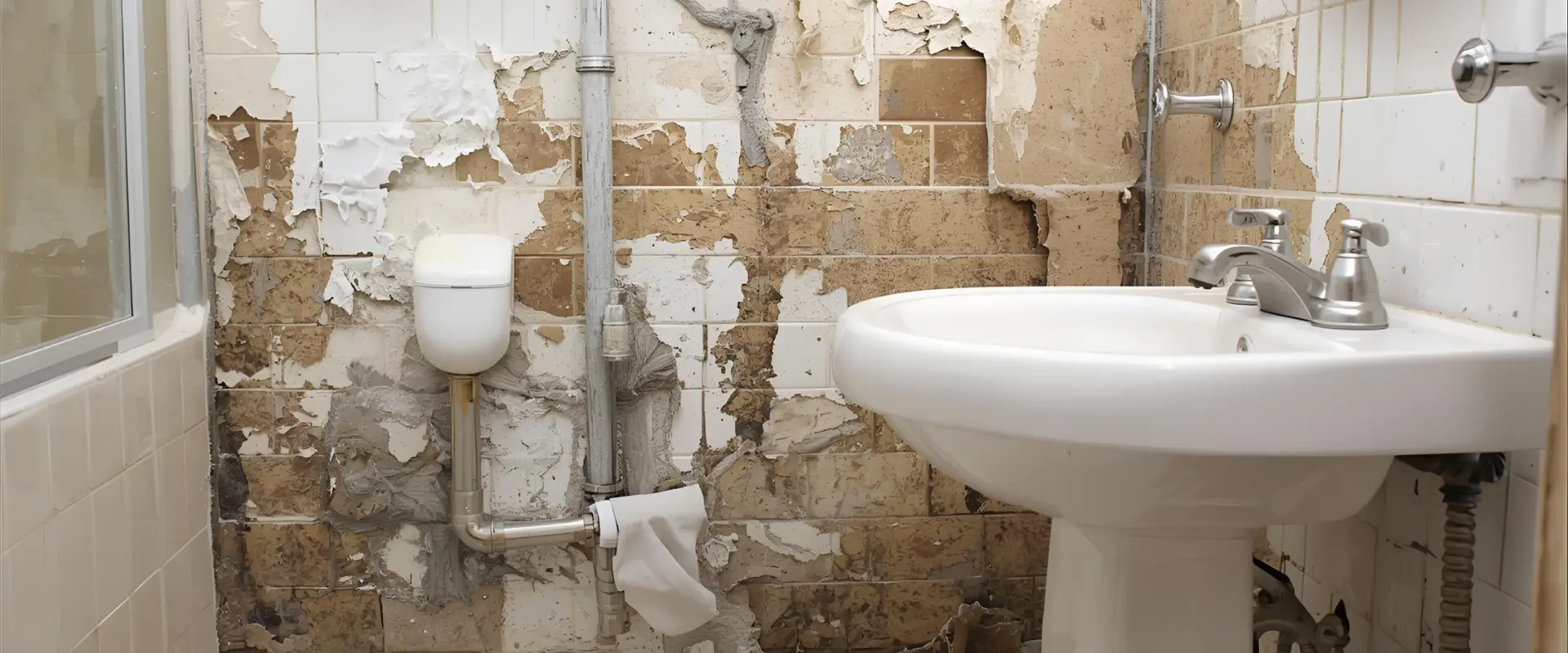 An old bathroom with peeling paint and damaged tiles behind a white pedestal sink shows signs of neglect and may need water damage repair. Exposed pipes and a partially used toilet paper roll hang under the sink, highlighting the disrepair. An old bathroom with peeling paint and damaged tiles behind a white pedestal sink shows signs of neglect and may need water damage repair. Exposed pipes and a partially used toilet paper roll hang under the sink, highlighting the disrepair.