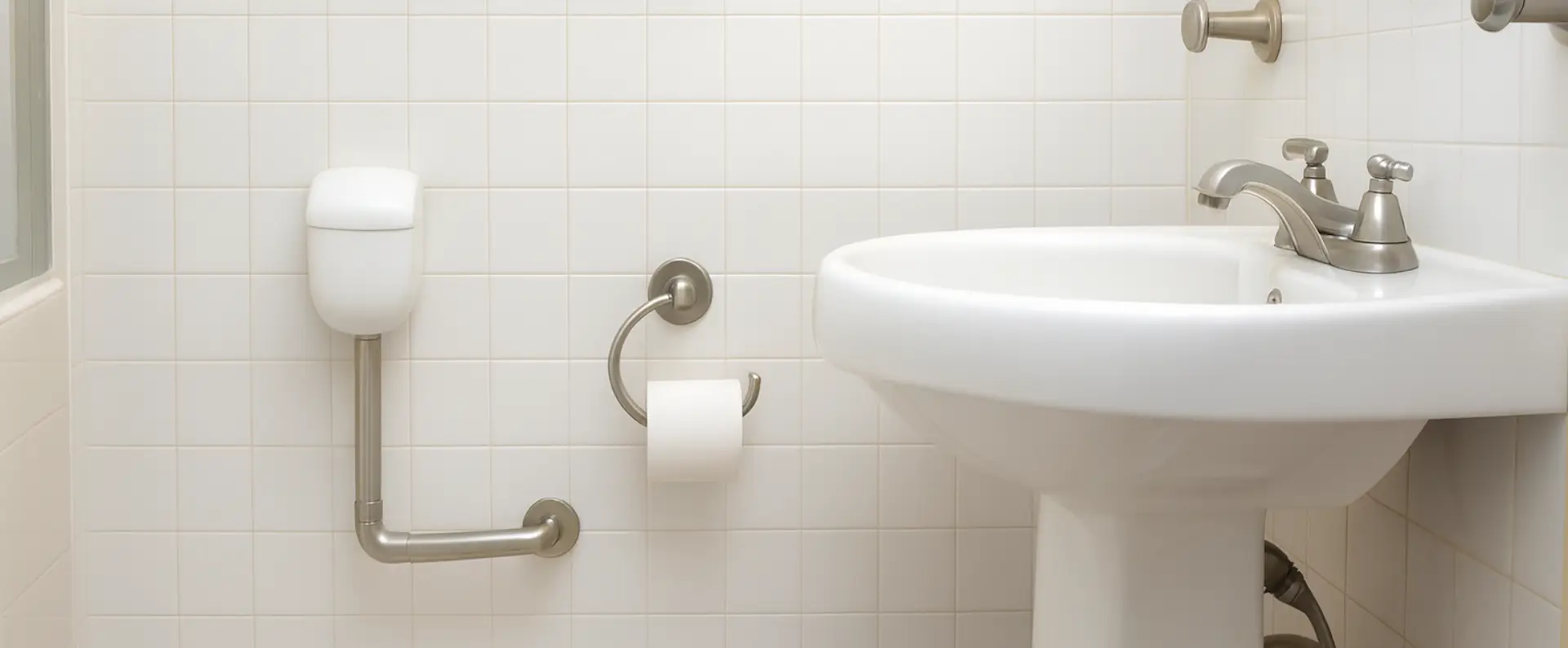 Accessible bathroom with white tiles, a white sink with a silver faucet, a toilet with a white tank, grab bars, and a toilet paper holder mounted on the wallârestored to perfection after expert Flood Damage Restoration. Accessible bathroom with white tiles, a white sink with a silver faucet, a toilet with a white tank, grab bars, and a toilet paper holder mounted on the wallârestored to perfection after expert Flood Damage Restoration.