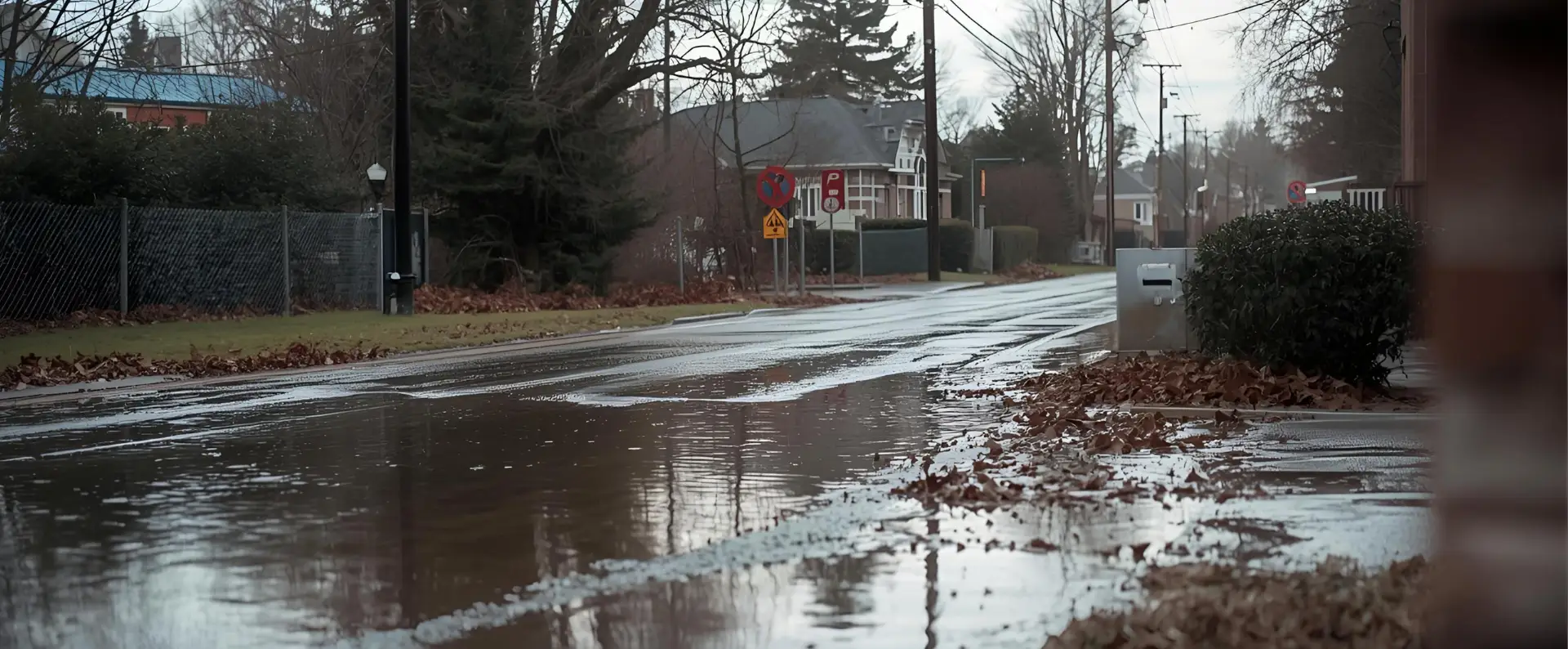 A residential street is partially flooded after rain, with water covering the roadway and wet leaves scattered along the curb. Bare trees and houses are visible under an overcast sky, highlighting the need for prompt flood damage restoration. A residential street is partially flooded after rain, with water covering the roadway and wet leaves scattered along the curb. Bare trees and houses are visible under an overcast sky, highlighting the need for prompt flood damage restoration.
