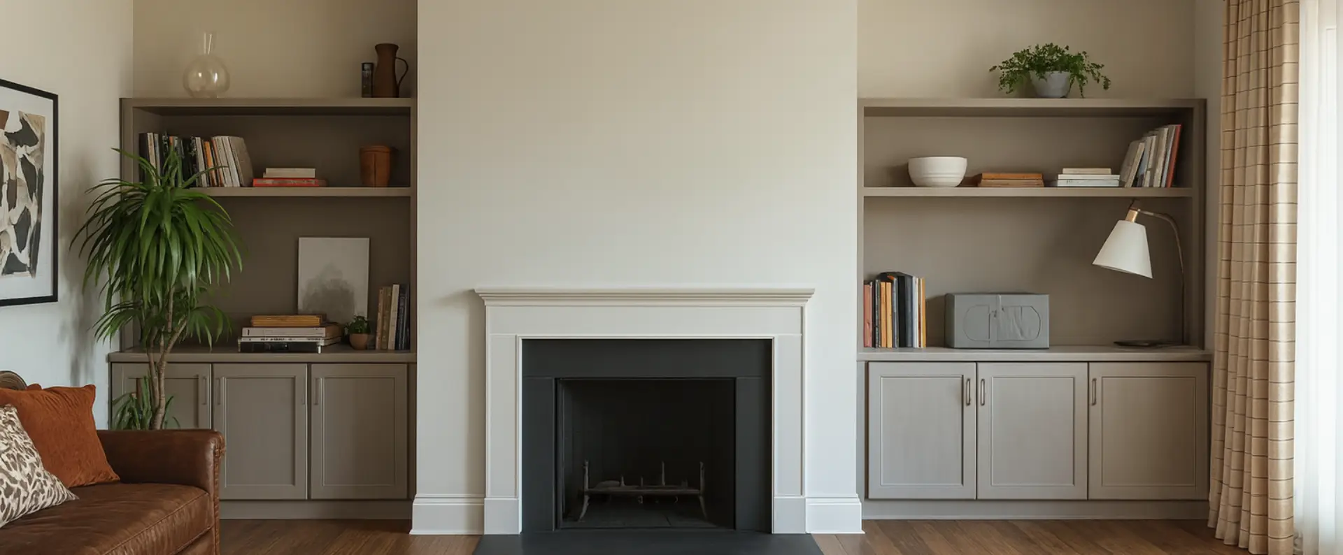 A cozy living room features a central fireplace with a white mantel, flanked by built-in shelves and cabinets. Recently refreshed through flood damage restoration, this space displays books, plants, and décor while sunlight streams through curtains on the right. A cozy living room features a central fireplace with a white mantel, flanked by built-in shelves and cabinets. Recently refreshed through flood damage restoration, this space displays books, plants, and décor while sunlight streams through curtains on the right.