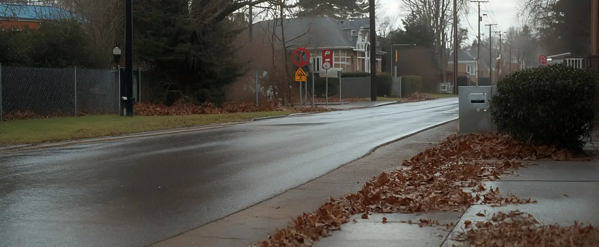 A wet, empty suburban street curves past houses and trees on a cloudy day. Fallen brown leaves line the sidewalk and grass, showing signs of recent flood restoration. Traffic signs and a pedestrian crossing are visible ahead. A wet, empty suburban street curves past houses and trees on a cloudy day. Fallen brown leaves line the sidewalk and grass, showing signs of recent flood restoration. Traffic signs and a pedestrian crossing are visible ahead.