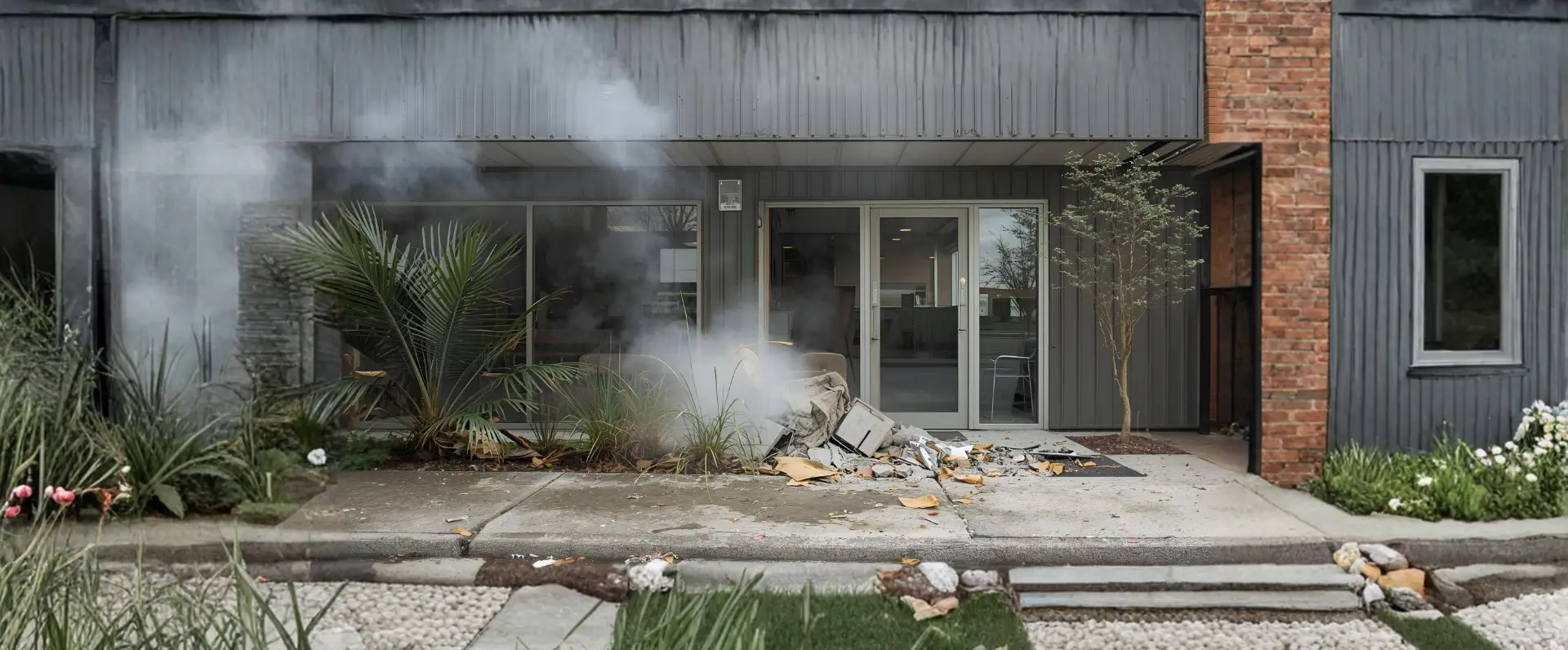 A building entrance with broken concrete, debris, and smoke rising from the ground suggests recent damage or an explosion. Nearby plants remain untouched, while the glass doors are intactâideal for immediate flood damage restoration assessment. A building entrance with broken concrete, debris, and smoke rising from the ground suggests recent damage or an explosion. Nearby plants remain untouched, while the glass doors are intactâideal for immediate flood damage restoration assessment.