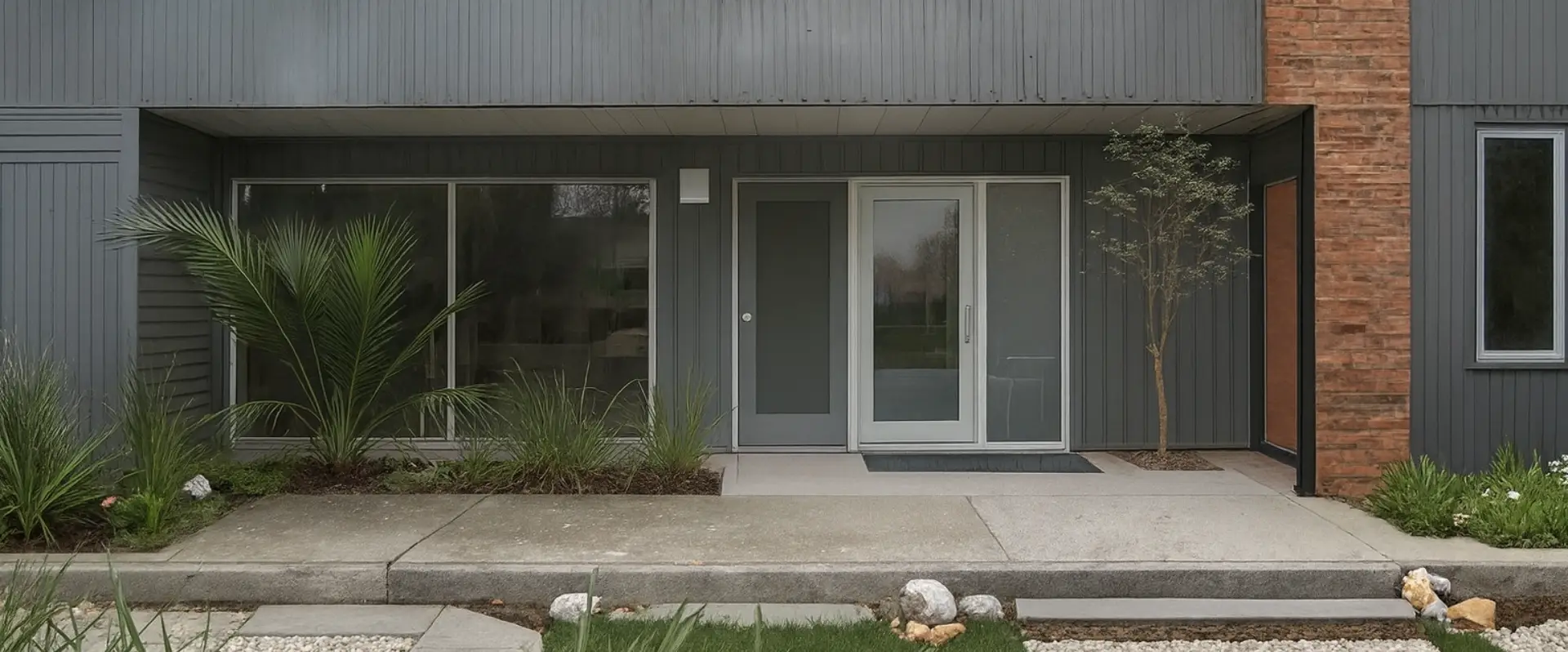Modern house entrance with gray siding, large glass windows, double front doors with frosted panels, concrete path, plants, and small tree beside the doorâideal for showcasing expert Flood Damage Restoration services. Modern house entrance with gray siding, large glass windows, double front doors with frosted panels, concrete path, plants, and small tree beside the doorâideal for showcasing expert Flood Damage Restoration services.