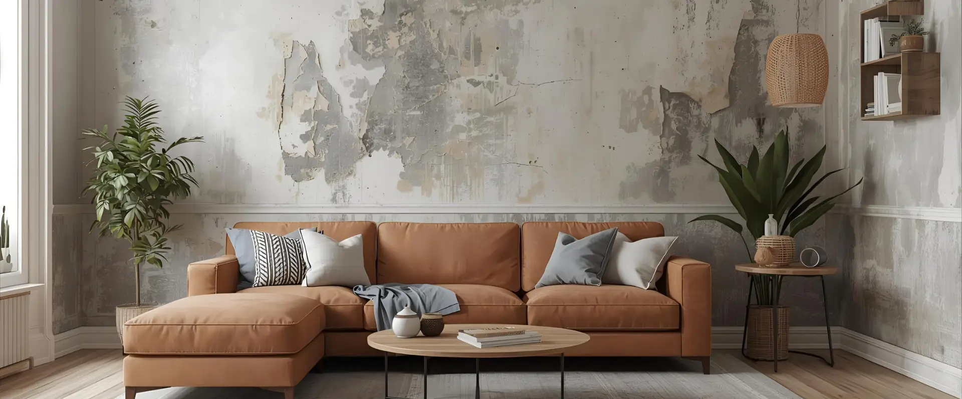 A modern living room with a tan sectional sofa, assorted throw pillows, a round wooden coffee table, plants, and a distressed, textured wall in neutral tonesârecently refreshed after expert Flood Damage Restoration. Natural light enters from a window on the left. A modern living room with a tan sectional sofa, assorted throw pillows, a round wooden coffee table, plants, and a distressed, textured wall in neutral tonesârecently refreshed after expert Flood Damage Restoration. Natural light enters from a window on the left.