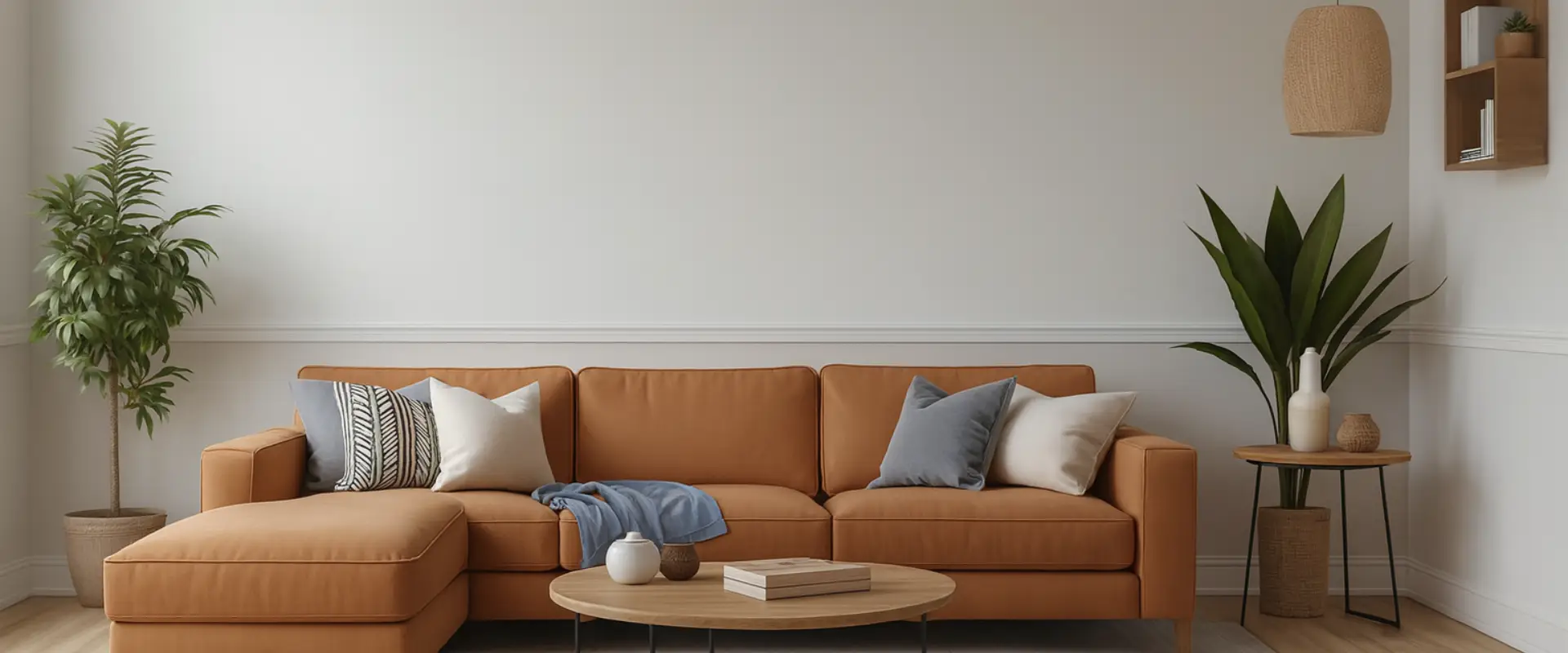 A modern living room with a tan sectional sofa, assorted throw pillows, a round wooden coffee table, potted plants, and minimalist decor against a white wallâshowcasing the results of expert flood damage restoration. A modern living room with a tan sectional sofa, assorted throw pillows, a round wooden coffee table, potted plants, and minimalist decor against a white wallâshowcasing the results of expert flood damage restoration.