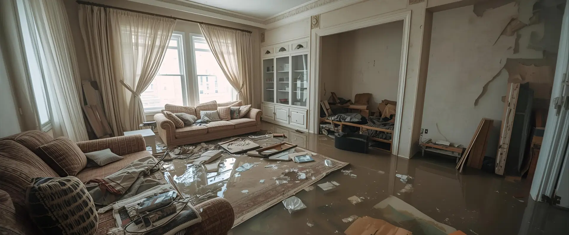 A living room with muddy floodwater covering the floor shows clear need for Flood Damage Restoration. Furniture is soaked and scattered, with papers and debris floating. The walls and shelves display water damage under soft daylight from large windows. A living room with muddy floodwater covering the floor shows clear need for Flood Damage Restoration. Furniture is soaked and scattered, with papers and debris floating. The walls and shelves display water damage under soft daylight from large windows.