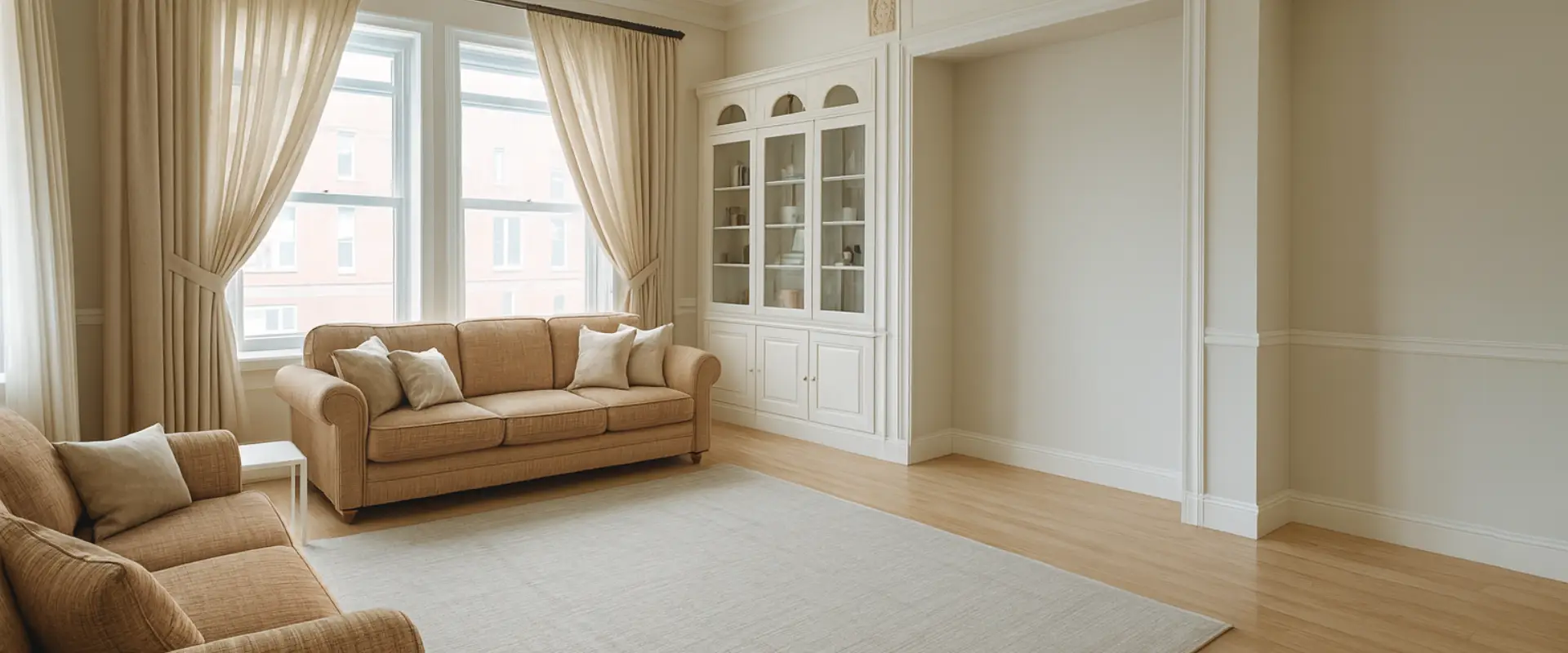 A bright, spacious living room with large windows, beige curtains, two tan sofas with cushions, a white built-in cabinet with glass doors, and a light area rug on hardwood floorsâprofessionally refreshed after expert flood damage restoration. A bright, spacious living room with large windows, beige curtains, two tan sofas with cushions, a white built-in cabinet with glass doors, and a light area rug on hardwood floorsâprofessionally refreshed after expert flood damage restoration.