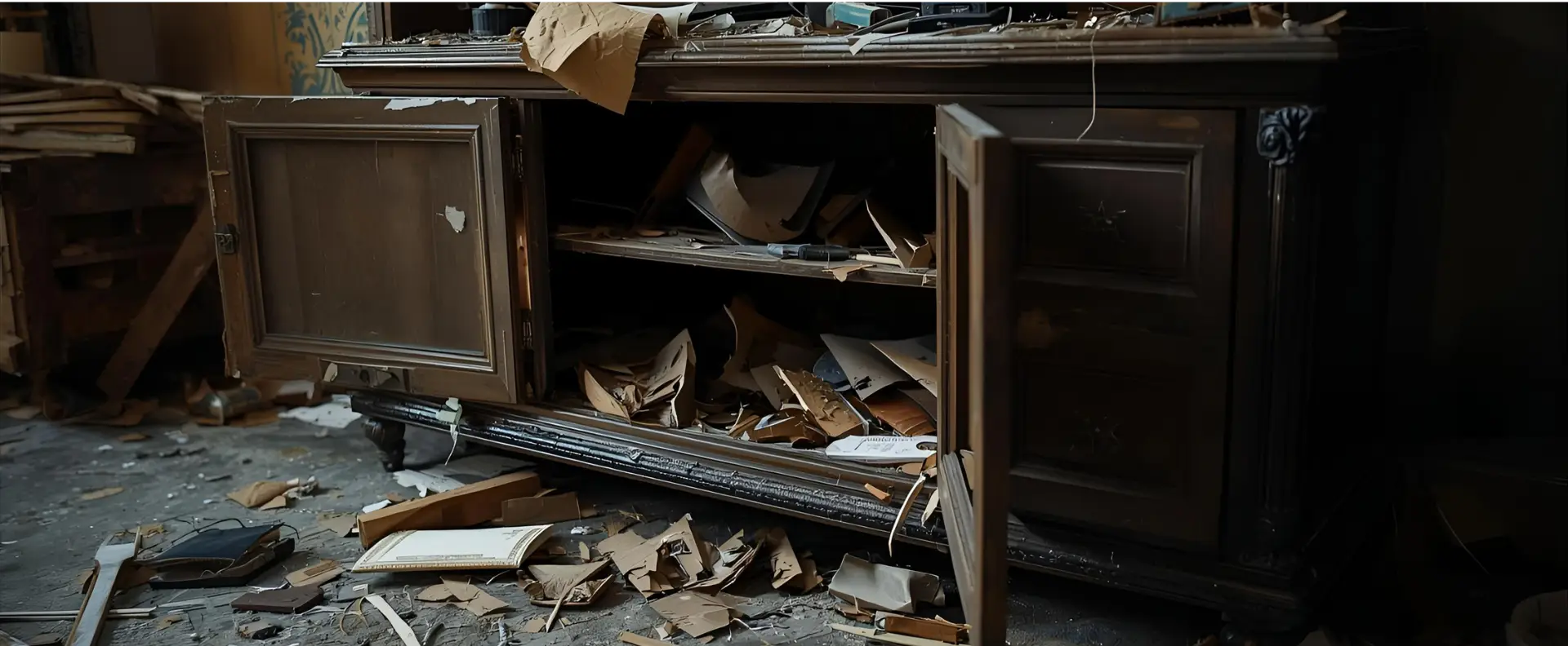 A broken wooden cabinet stands with its doors open, revealing shelves and a floor littered with scattered, torn papers and debrisâclear signs that flood damage restoration is urgently needed to address the neglect and disarray. A broken wooden cabinet stands with its doors open, revealing shelves and a floor littered with scattered, torn papers and debrisâclear signs that flood damage restoration is urgently needed to address the neglect and disarray.