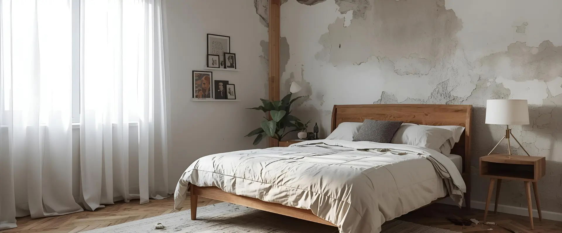 A cozy bedroom with a wooden bed, light bedding, and a bedside table with a lamp. Peeling paint on the wall hints at past flood damage restoration, while sunlight filters in through sheer white curtains. Framed art and a potted plant add decor. A cozy bedroom with a wooden bed, light bedding, and a bedside table with a lamp. Peeling paint on the wall hints at past flood damage restoration, while sunlight filters in through sheer white curtains. Framed art and a potted plant add decor.