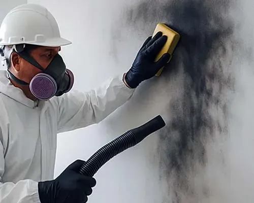 A person wearing a protective suit, gloves, respirator mask, and hard hat is cleaning black mold from a wall with a sponge and using a vacuum hose during smoke damage restoration.