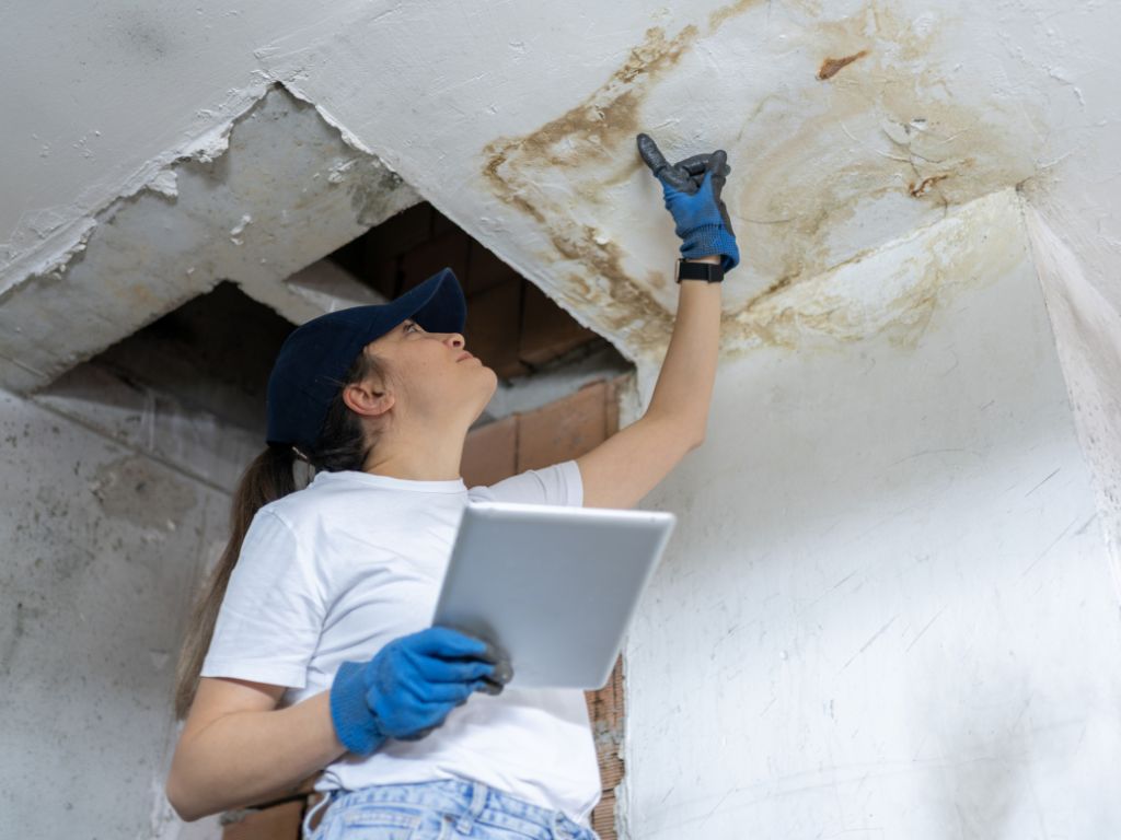 A person in blue gloves and a dark cap holds a tablet while inspecting and pointing at a large water stain and damage on a white ceiling, assessing professional water damage cost for cleanup in Marion IL.