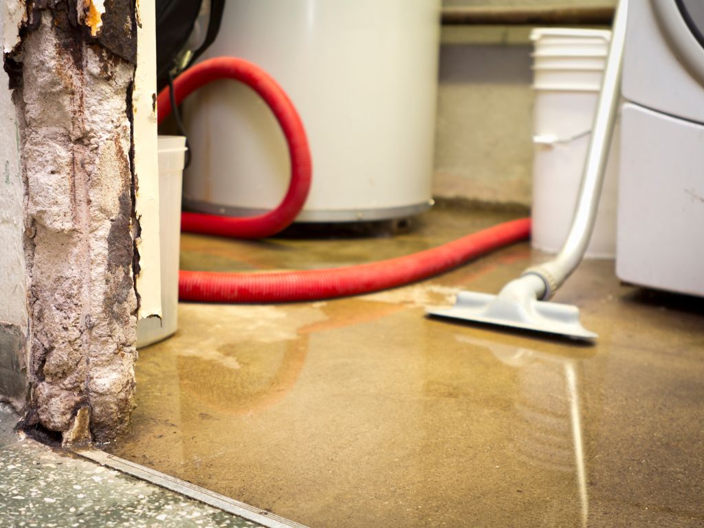 A basement with a wet floor, reflecting a vacuum hose and buckets. Exposed concrete edges and pipes hint at recent flooding being cleaned up, possibly by a local water damage company in Marion IL specializing in flooring and drywall replacement.
