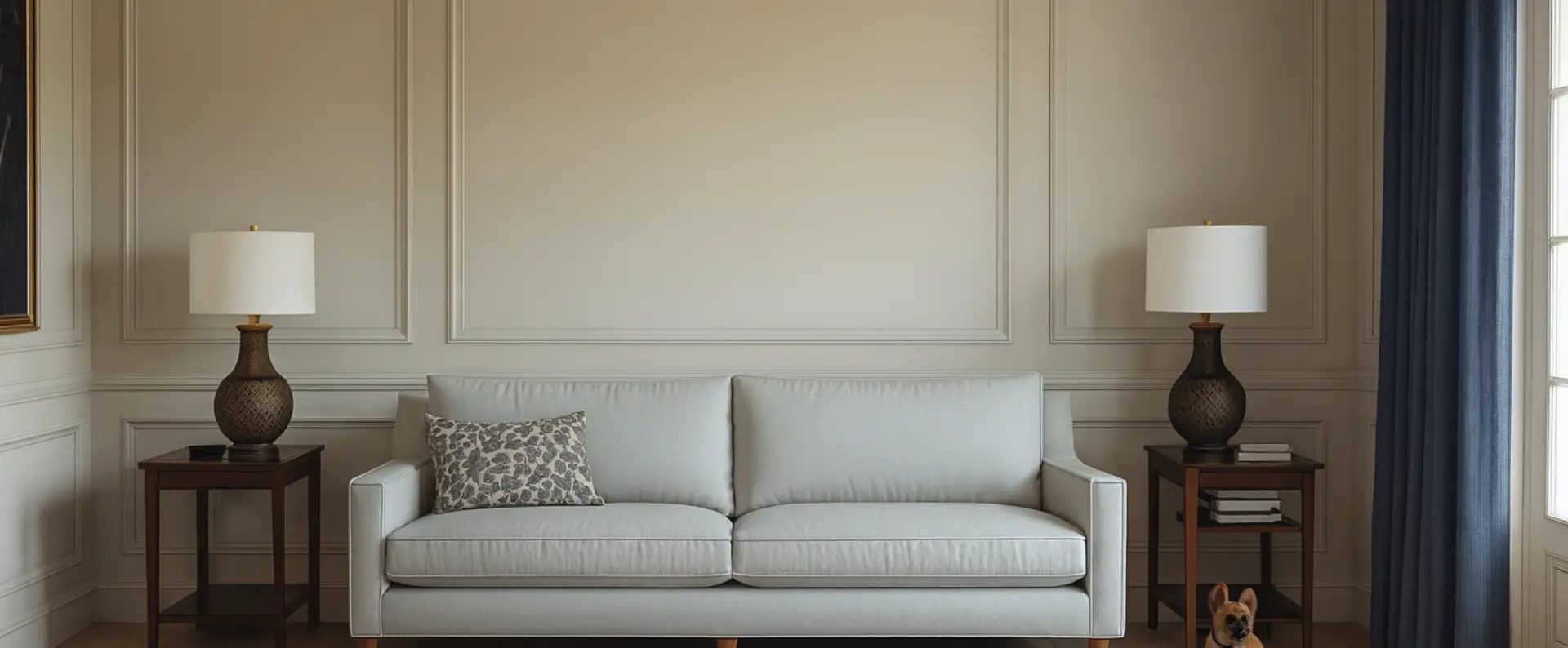 A modern living room with a light gray sofa, two patterned pillows, and side tables with matching lamps showcases comfort after expert fire damage restoration. Blue curtains frame a large window letting in natural light, with a small dog near the window. A modern living room with a light gray sofa, two patterned pillows, and side tables with matching lamps showcases comfort after expert fire damage restoration. Blue curtains frame a large window letting in natural light, with a small dog near the window.