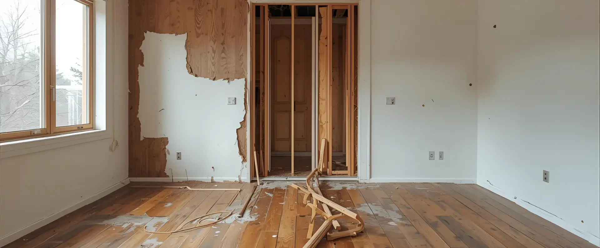 A room under renovation with partially removed drywall, exposed wooden studs, debris on the hardwood floor, and a large window on the left letting in natural lightâideal for Water Damage Restoration projects. A room under renovation with partially removed drywall, exposed wooden studs, debris on the hardwood floor, and a large window on the left letting in natural lightâideal for Water Damage Restoration projects.