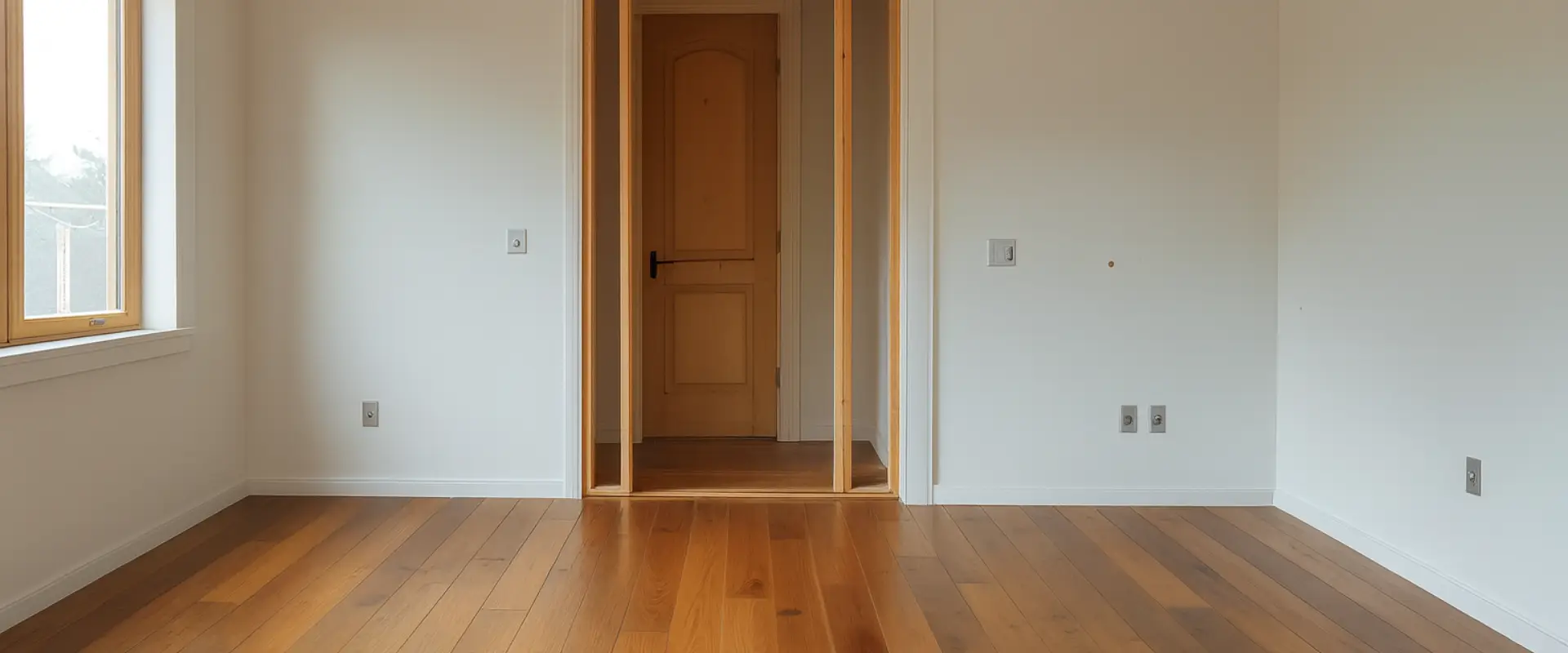 Empty room with light-colored walls, large wooden floorboards, and a central doorway. Natural light enters from the window on the left. Electrical outlets are visibleâideal for Water Damage Restoration projects needing open spaces and easy access. Empty room with light-colored walls, large wooden floorboards, and a central doorway. Natural light enters from the window on the left. Electrical outlets are visibleâideal for Water Damage Restoration projects needing open spaces and easy access.