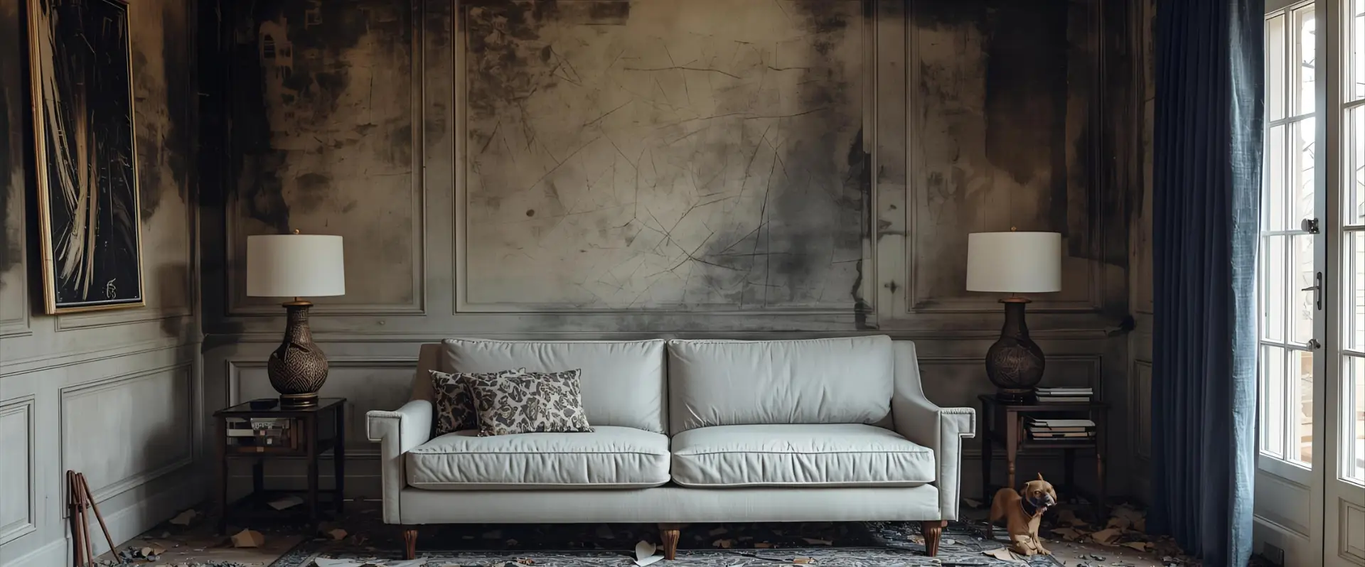 A stylish living room with a light gray sofa, patterned pillow, two dark lamps on side tables, books, and a small dog on a patterned rug showcases fresh elegance after expert fire damage restoration. Artistic weathered walls and large windows invite natural light. A stylish living room with a light gray sofa, patterned pillow, two dark lamps on side tables, books, and a small dog on a patterned rug showcases fresh elegance after expert fire damage restoration. Artistic weathered walls and large windows invite natural light.