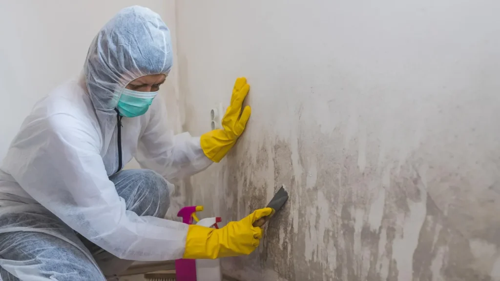 A person in protective clothing, gloves, and a face mask scrapes mold off a white wall with a tool, demonstrating thorough cleaning skills essential in Smoke Damage Restoration. A spray bottle sits on the floor beside them.