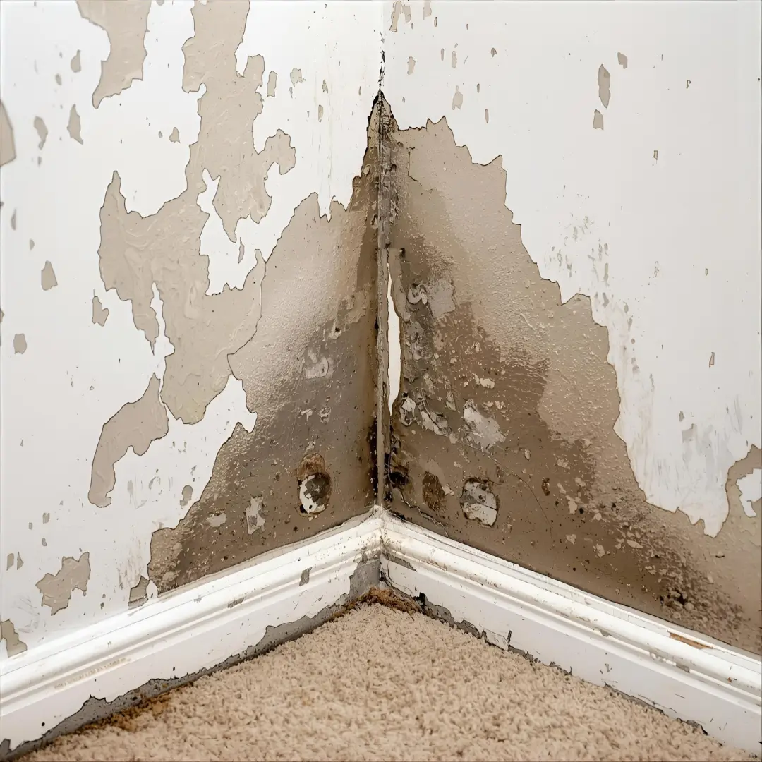 A corner of a room with peeling, damaged paint and mold above a white baseboard shows significant water damage. The floor is carpeted, the wall surfaces are damp and discolored—ideal for a revision on your home page to highlight repair needs.
