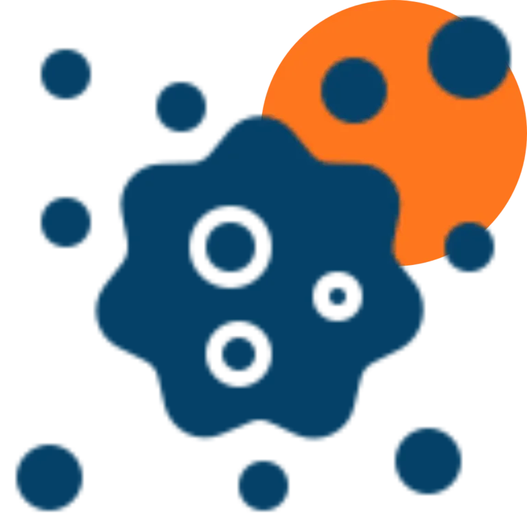 Abstract graphic featuring a large dark blue gear-like shape and circles, overlaid by a bright orange partial circle with blue dots—perfect for inspiring creativity during home revision sessions. Scattered blue dots complete the modern design.