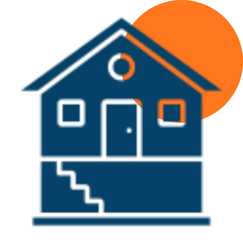 A simple blue home revision icon featuring stairs on the left, square windows, and an orange sun or moon partially visible behind the roof.