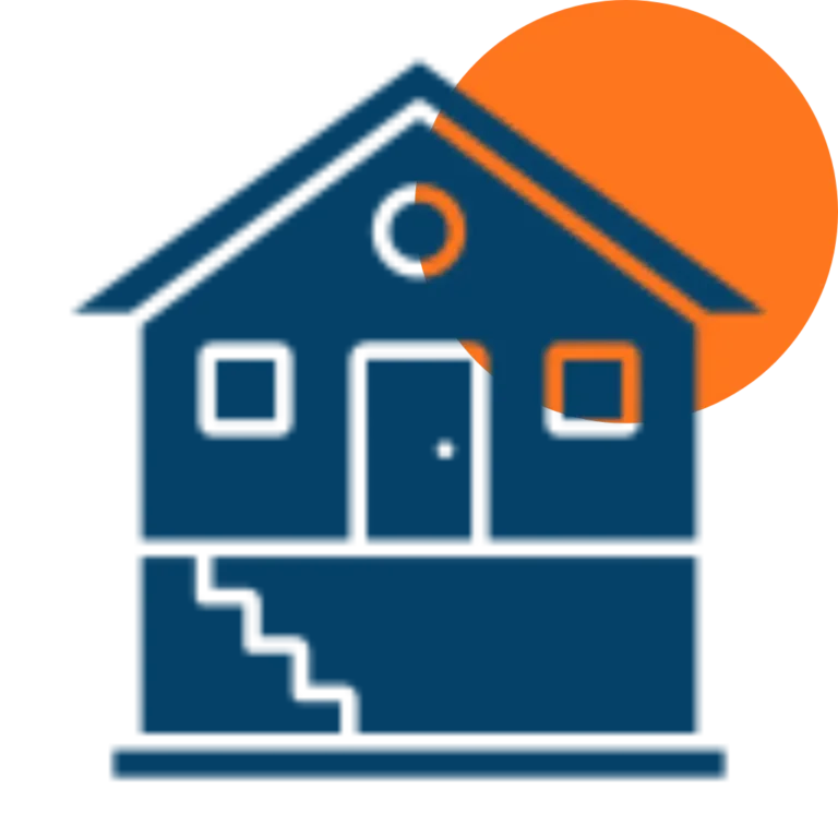 A simple blue home revision icon featuring stairs on the left, square windows, and an orange sun or moon partially visible behind the roof.
