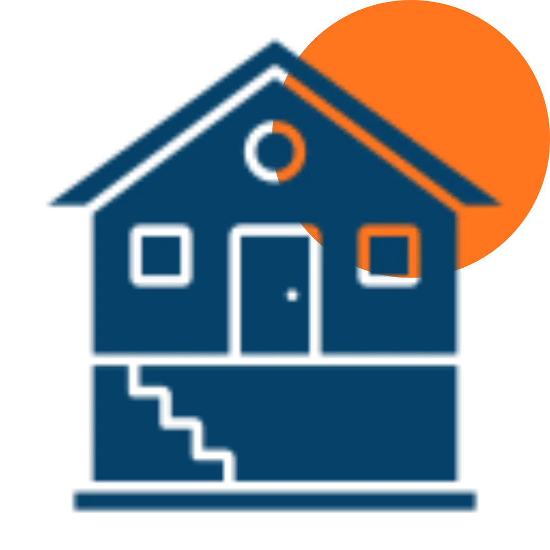 A simple blue home revision icon featuring stairs on the left, square windows, and an orange sun or moon partially visible behind the roof.