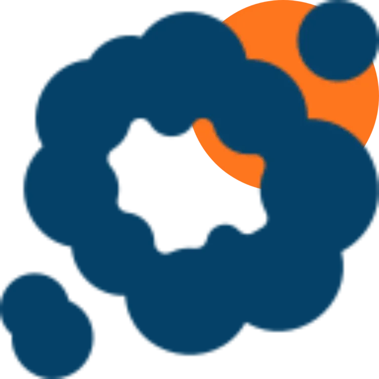 Abstract logo with navy blue circles forming a rough spiral or cloud shape, with two overlapping orange circles in the upper right area—ideal for a home revision brand. The background is transparent.