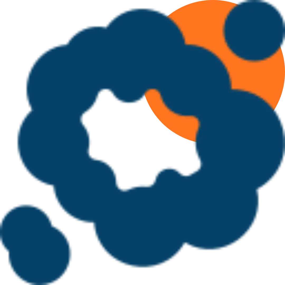 Abstract logo with navy blue circles forming a rough spiral or cloud shape, with two overlapping orange circles in the upper right area—ideal for a home revision brand. The background is transparent.