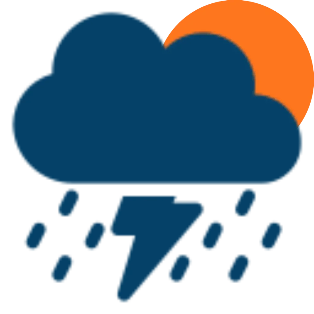 A dark blue cloud with raindrops and a lightning bolt below, partially covering an orange sun in the background—perfect for brightening up your home revision space.