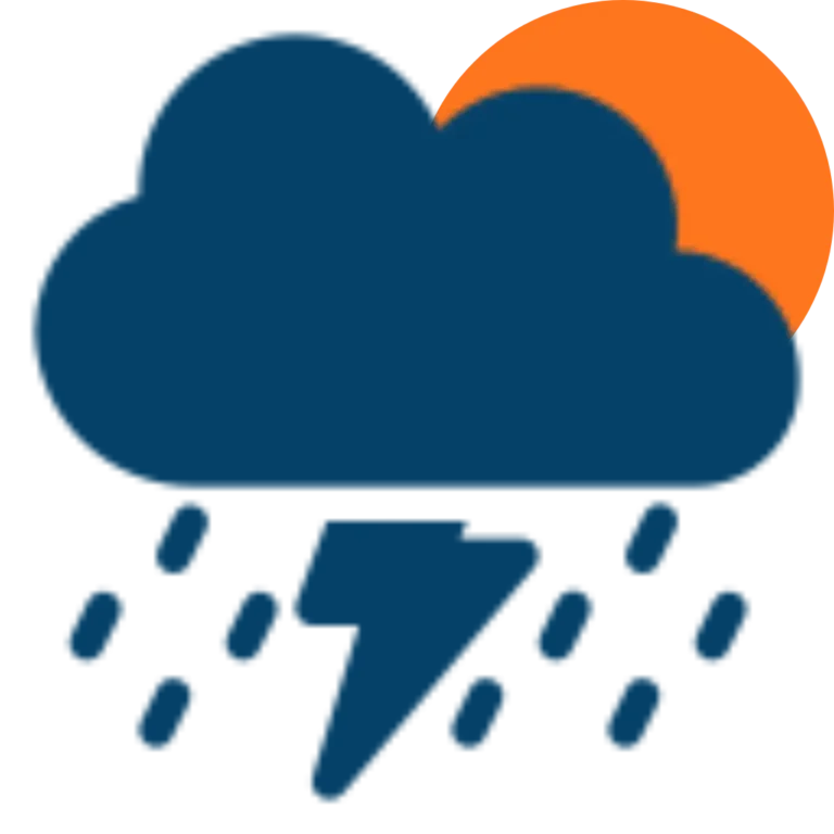 A dark blue cloud with raindrops and a lightning bolt below, partially covering an orange sun in the background—perfect for brightening up your home revision space.