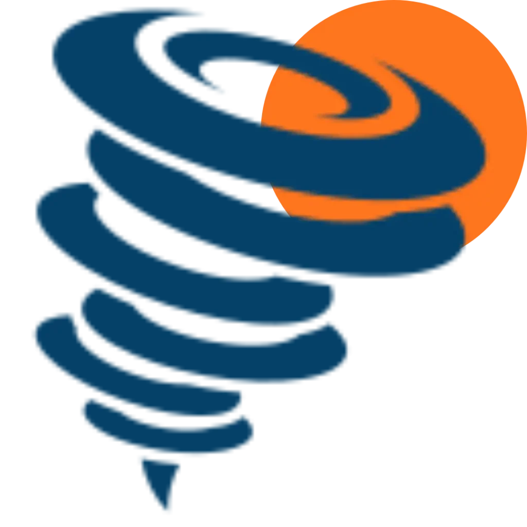 A stylized blue tornado spiral overlaps with an orange circle in the upper right corner, forming a bold and dynamic abstract logo on a transparent background, perfect for representing home revision services.