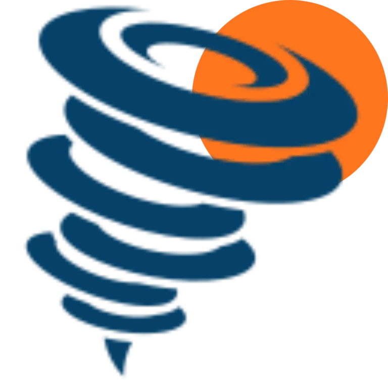 A stylized blue tornado spiral overlaps with an orange circle in the upper right corner, forming a bold and dynamic abstract logo on a transparent background, perfect for representing home revision services.