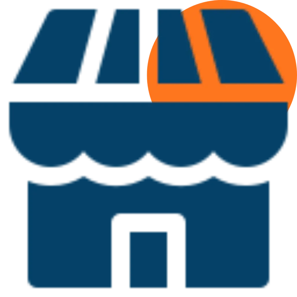 A simple blue icon of a storefront with a door, awning, and three roof panels, with an orange semicircle covering the upper right corner—perfect for representing home revision businesses.