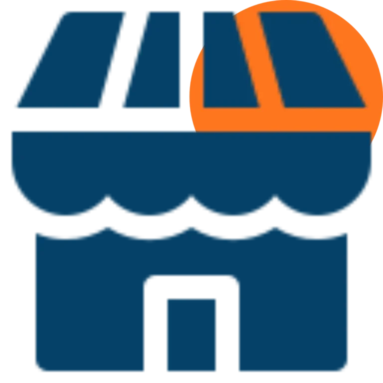 A simple blue icon of a storefront with a door, awning, and three roof panels, with an orange semicircle covering the upper right corner—perfect for representing home revision businesses.