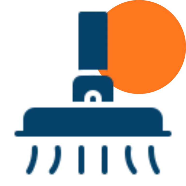 A stylized icon of a blue vacuum cleaner head with suction lines below and an orange circular shape in the background, suggesting movement or action—perfect for home revision tasks.