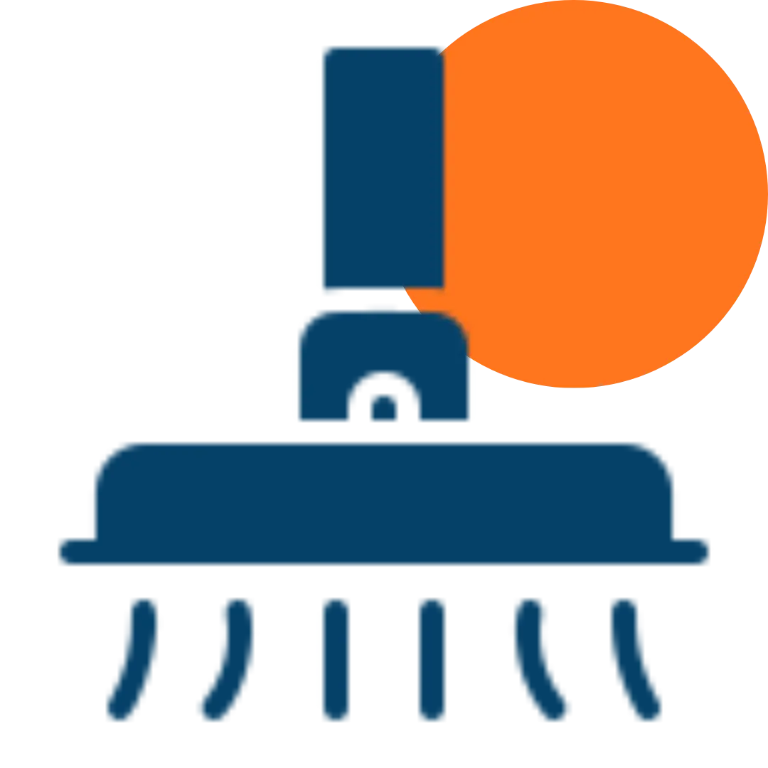 A stylized icon of a blue vacuum cleaner head with suction lines below and an orange circular shape in the background, suggesting movement or action—perfect for home revision tasks.