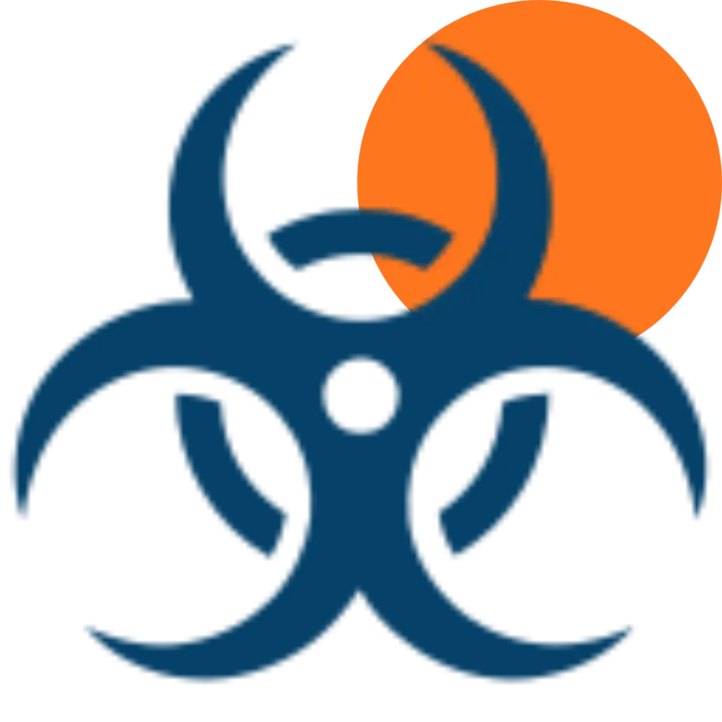 A navy blue biohazard symbol is shown with an orange solid circle behind its upper right side, set against a transparent background, perfect for your next home revision project.