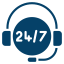 Icon of a headset with a microphone encircles a dark blue circle showing "24/7," representing around-the-clock customer support or service—a great visual for your Home page.
