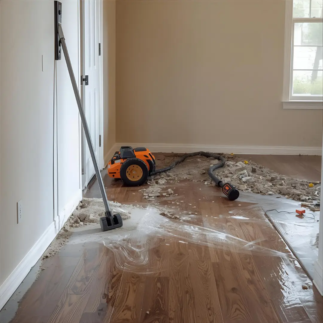 A room with light brown hardwood floors partially covered in dust and debris, a vacuum or floor polisher, a pole tool, and a plastic sheet on the floor near a white door and window, possibly prepared for a home page revision.