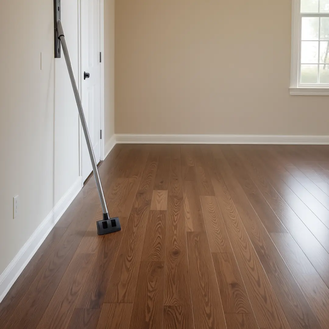 An empty room with clean, polished wooden floors, beige walls, and natural light from a window—perfect for a home page revision—with a mop resting against the wall near a closed door.