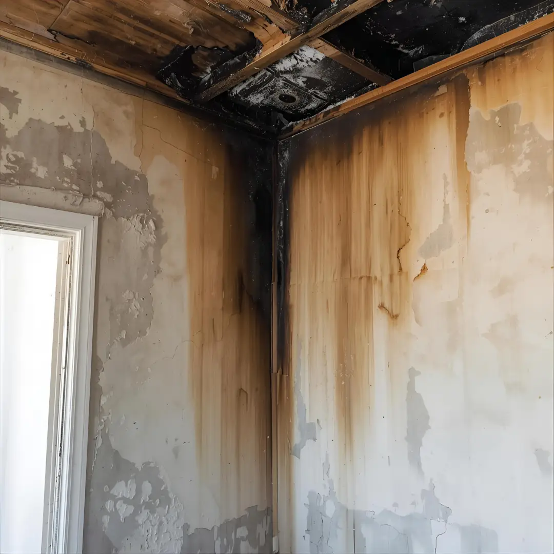A corner of a damaged room featured on the Home page shows extensive fire and smoke stains on the ceiling and walls, with blackened areas and peeling paint near a doorway.